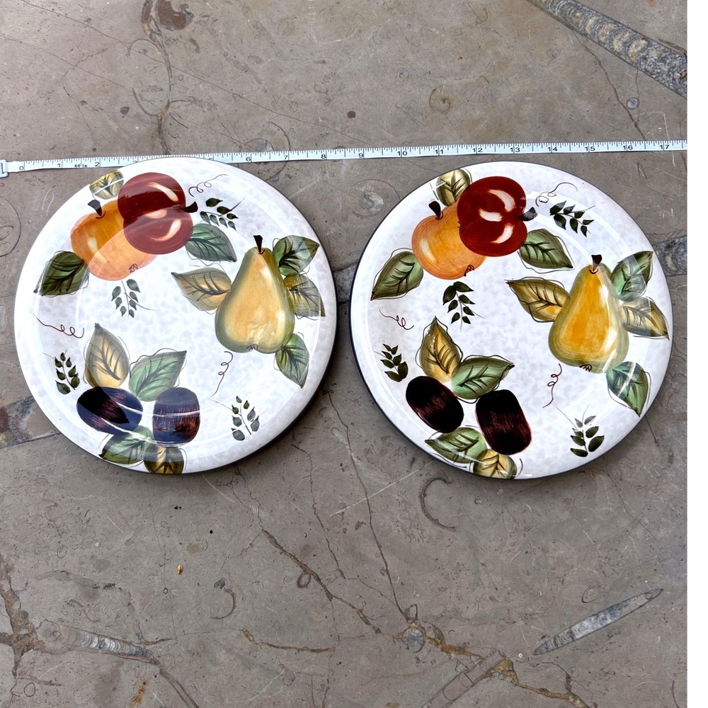 Vintage Fruit Hand Painted Ceramic Dinner Plates Set 2 Multicolor Oneida Italian